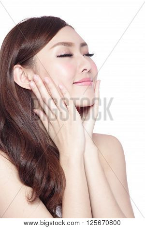 Beauty woman charming smile and relax closed eye enjoy with health skin and hair isolated on white background asian beauty