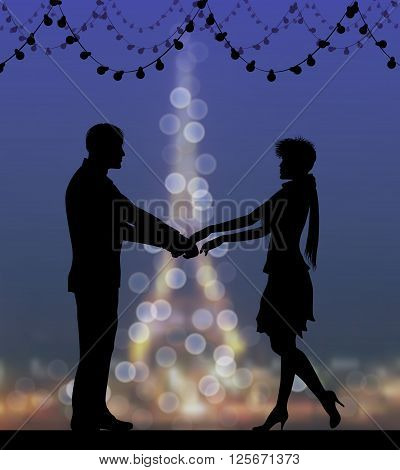 Silhouettes Of Dancing Couple Against The Eiffel Tower And Sunset Sky