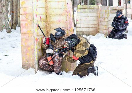 Saint-Petersburg, Russia - February 21, 2016: Big annual paintball scenario game 'Day M' in Snaker club