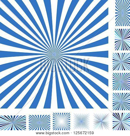 Blue and white vector ray burst design background set. Different color, gradient, screen, paper size versions.