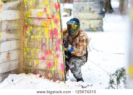 Saint-Petersburg, Russia - February 21, 2016: Big annual paintball scenario game 'Day M' in Snaker club