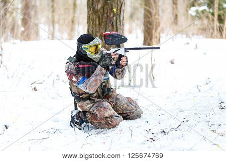 Saint-Petersburg, Russia - February 21, 2016: Big annual paintball scenario game 'Day M' in Snaker club