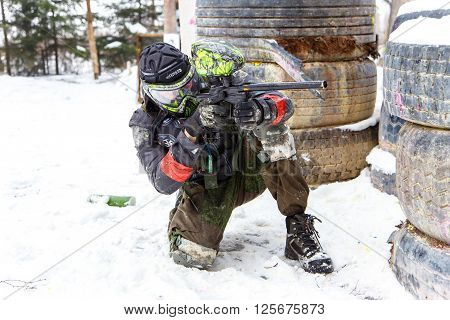 Saint-Petersburg, Russia - February 21, 2016: Big annual paintball scenario game 'Day M' in Snaker club