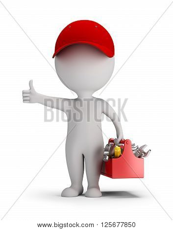 3d small person - mechanic with tool box. Thumb up. 3d image. White background.