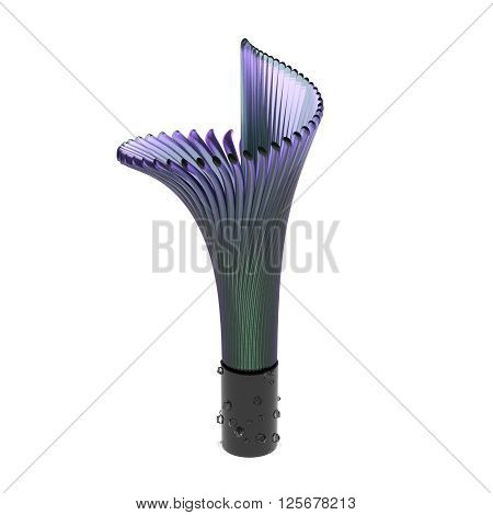 Empty purple blue glass vase in the form of lily bud isolated on white background with crystals. 3D rendering