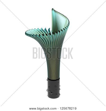 Empty blue turquoise glass vase in the form of lily bud isolated on white background with crystals. 3D Illustration
