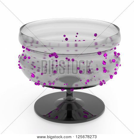 Empty glass isolated on white background with pink crystals. 3D Illustration