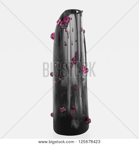 Empty glass vase isolated on white background with red crystals. 3D Illustration
