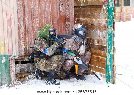 Saint-Petersburg, Russia - February 21, 2016: Big annual paintball scenario game 'Day M' in Snaker club