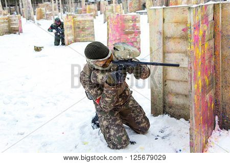 Saint-Petersburg, Russia - February 21, 2016: Big annual paintball scenario game 'Day M' in Snaker club