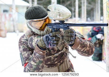 Saint-Petersburg, Russia - February 21, 2016: Big annual paintball scenario game 'Day M' in Snaker club