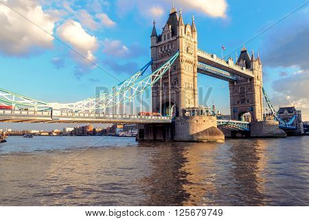 London, UK - March 31, 2016 - View of Tower Bridge from the north bank of the Thames