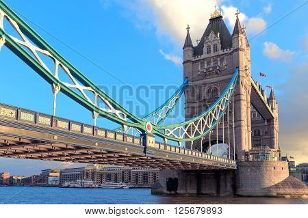 London, UK - March 31, 2016 - View of Tower Bridge from the north bank of the Thames