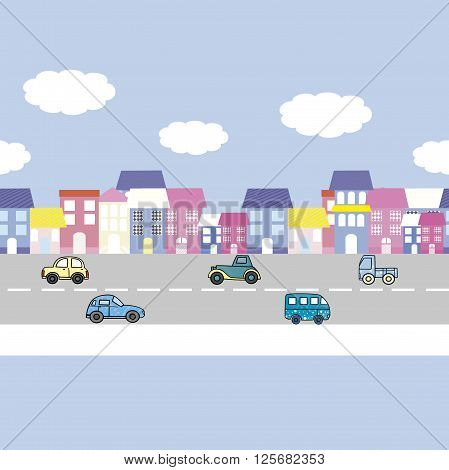 Seamless colorful car pattern for baby boy. Cartoon car pattern on the blue background.