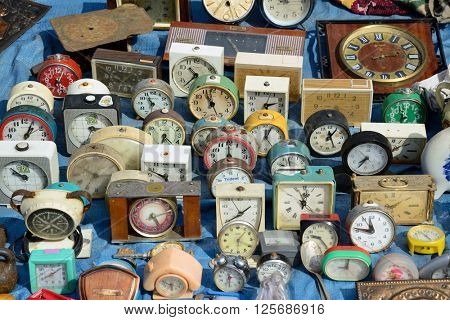 Kiev, Ukraine, April 10, 2016. Swap meet, collection of old alarm clocks