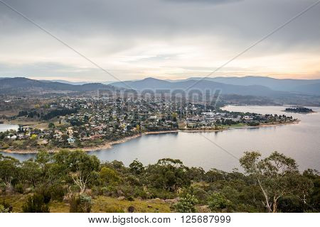 The view over Jindabyne and its lake on a cool summer's day in New South Wales, Australia