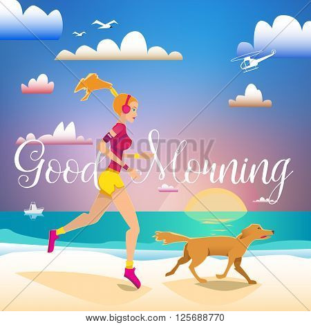 Girl running on the beach with dog. Lettering Good Morning. Sport and outdoor fitness card.