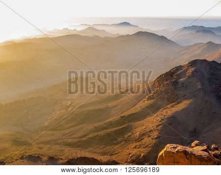 Spectacular aerial view of the holy summit of Mount Sinai, Aka Jebel Musa, 2285 meters, at sunrise, Sinai Peninsula in Egypt.