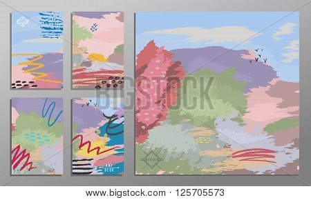 Vector illustration set of artistic colorful universal cards. Brush textures. Wedding anniversary birthday holiday party. Design for poster card invitation. Painting in the impressionism style