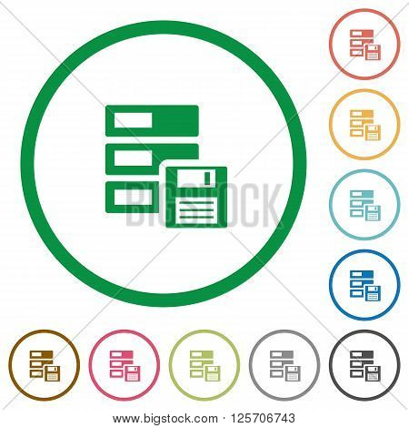 Set of backup color round outlined flat icons on white background