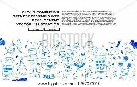Hand Drawn Style Business Design. Pencil Sketch. Set of application development, web site coding, information and mobile technologies vector icons and elements.