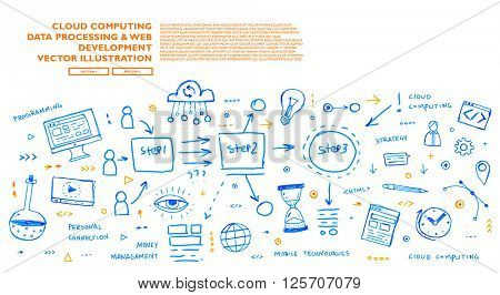 Hand Drawn Style Business Design. Pencil Sketch. Set of application development, web site coding, information and mobile technologies vector icons and elements.