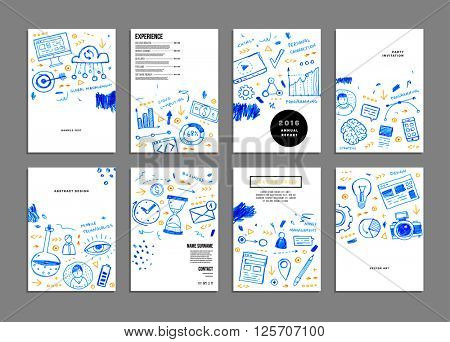 Hand Drawn Style Business Design. Pencil Sketch. Set of application development, web site coding, information and mobile technologies vector icons and elements.