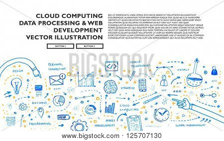 Hand Drawn Style Business Design. Pencil Sketch. Set of application development, web site coding, information and mobile technologies vector icons and elements.