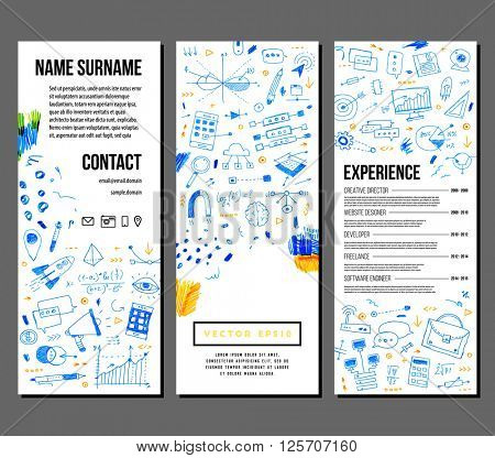 Hand Drawn Style Business Design. Pencil Sketch. Set of application development, web site coding, information and mobile technologies vector icons and elements.