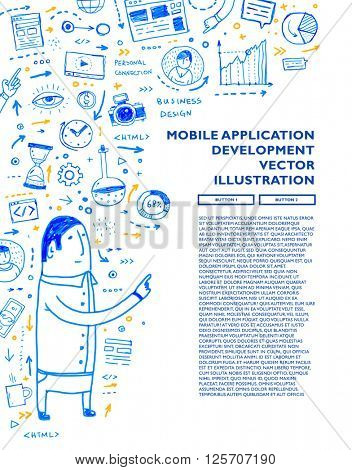 Hand Drawn Style Business Design. Pencil Sketch. Set of application development, web site coding, information and mobile technologies vector icons and elements.