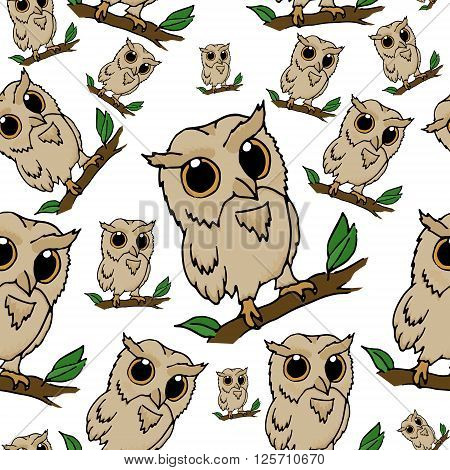 Owls vector stock illustration. Hand drawn background seamless pattern