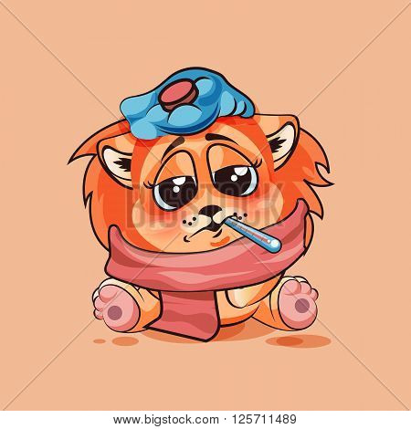 Vector Stock Illustration isolated Emoji character cartoon Lion cub sick with thermometer in mouth sticker emoticon for site, infographic, video, animation, website, e-mail, newsletter, report, comic
