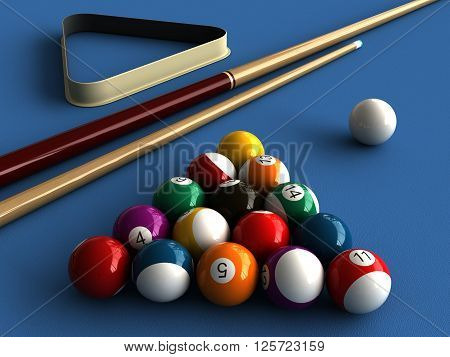 3d rendering of billiard balls and stick over billiard table