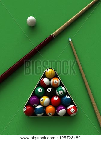3d rendering of billiard balls and stick over billiard table