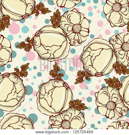 Vector seamless pattern with fresh cabbage vegetables.Illustration in retro style