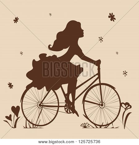 Silhouette of a girl on a bike in brown tones. Vector illustration . Square location.