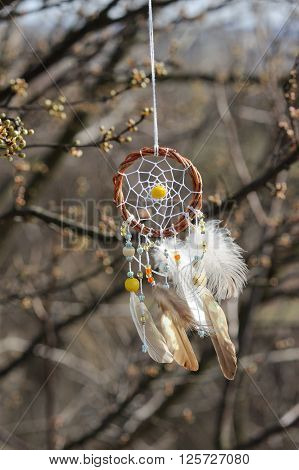 Handmade native american dream catcher on background of rocks and lake. Tribal elements feathers