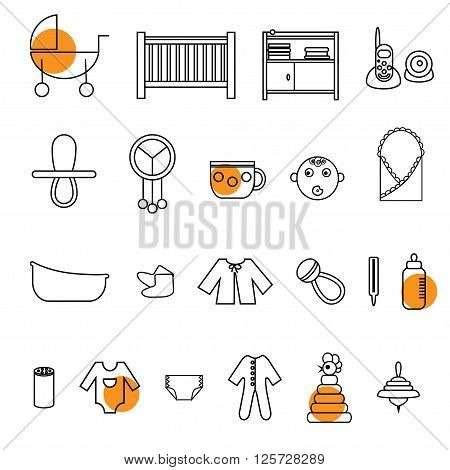 Outline flat web icon set. Baby equpment toys feeding and care