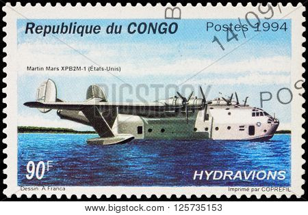 MOSCOW RUSSIA - APRIL 12 2016: A stamp printed in Congo shows American long range ocean patrol flying boat Martin Mars XPB2M-1 series "Seaplanes" circa 1994