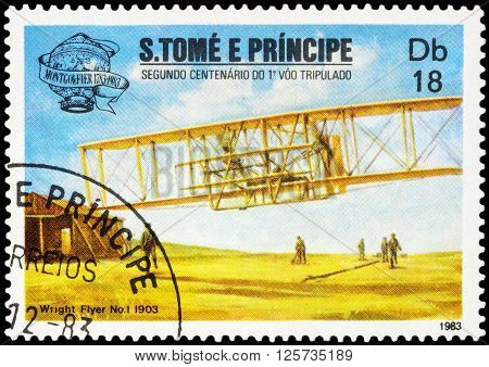 MOSCOW RUSSIA - APRIL 14 2016: A stamp printed in Sao Tome and Principe shows aircraft first flight of the Wright brothers (1903) series 