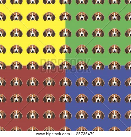 Sad dog red, yellow, blue and green vector background. Seamless pattern. 4 in 1.