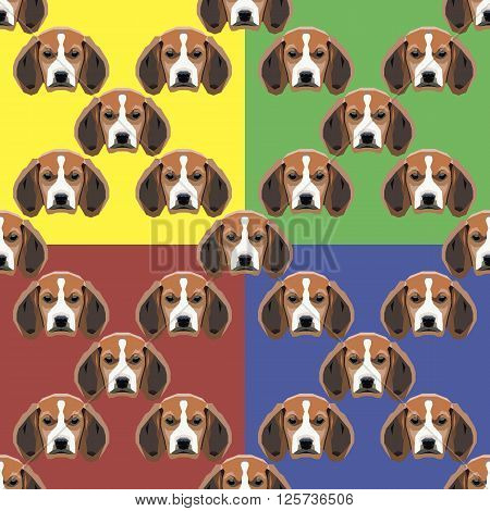 Sad dog red, yellow, blue and green vector background. Seamless pattern. 4 in 1.