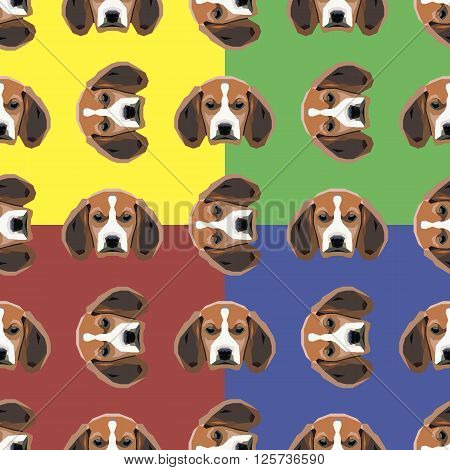 Sad dog red, yellow, blue and green vector background. Seamless pattern. 4 in 1.