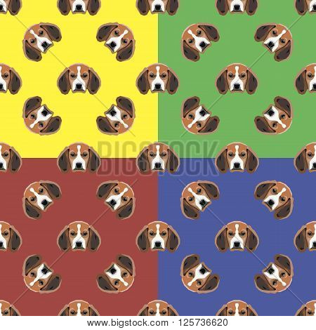 Sad dog red, yellow, blue and green vector background. Seamless pattern. 4 in 1.