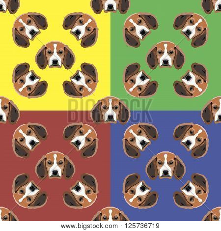 Sad dog red, yellow, blue and green vector background. Seamless pattern. 4 in 1.