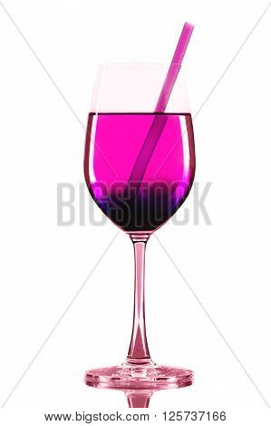 Red wineglass with pink cocktail and straw on a white background isolated