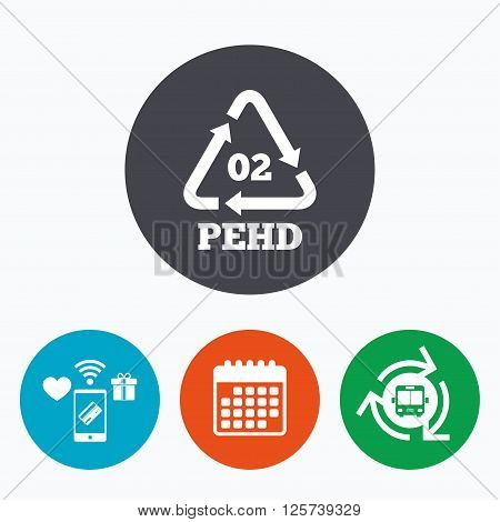 Hd-pe 02 icon. High-density polyethylene sign. Recycling symbol. Mobile payments, calendar and wifi icons. Bus shuttle.