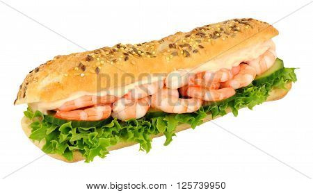 Sub roll sandwich filled with prawns and salad isolated on a white background