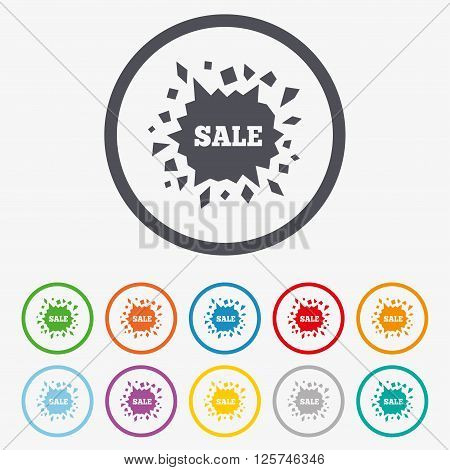 Sale icon. Cracked hole symbol. Round circle buttons with frame.