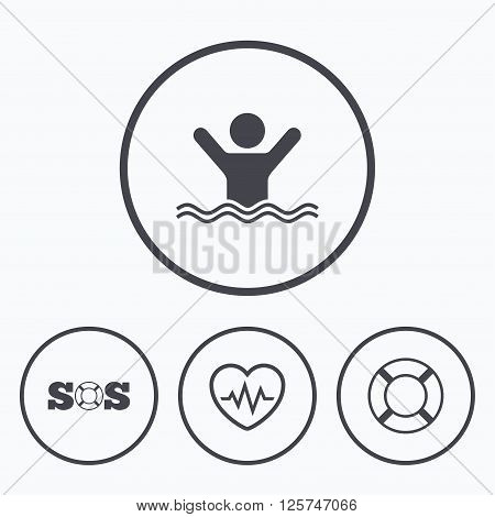 SOS lifebuoy icon. Heartbeat cardiogram symbol. Swimming sign. Man drowns. Icons in circles.
